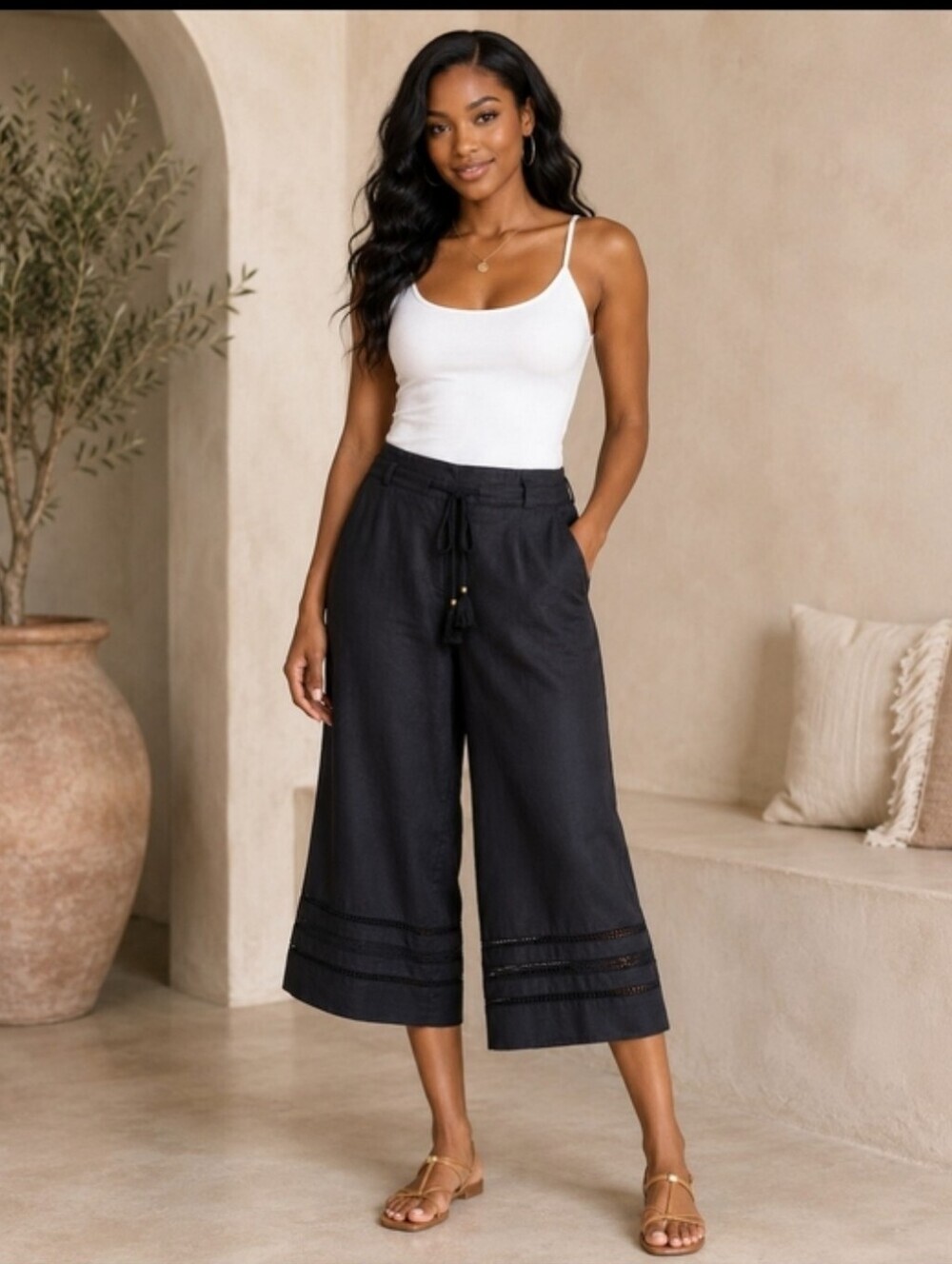 White House Black Market Linen classic wide Leg Cropped Pants relaxed boho Chic